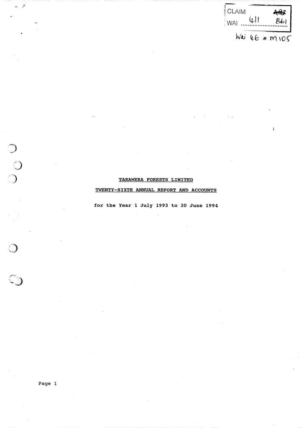 Wai 46_INQ_M105_Tarawera Forests Limited - Twenty-Sixth Annual Report