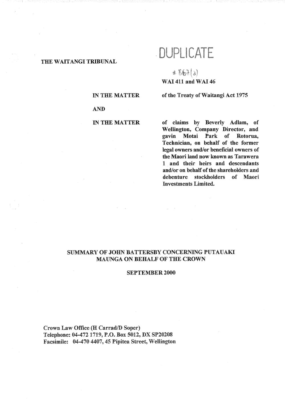 Wai 46_INQ_M111 (a)_Summary of John Battersby Concerning Putauaki Maunga on behalf of The Crown - September 2000