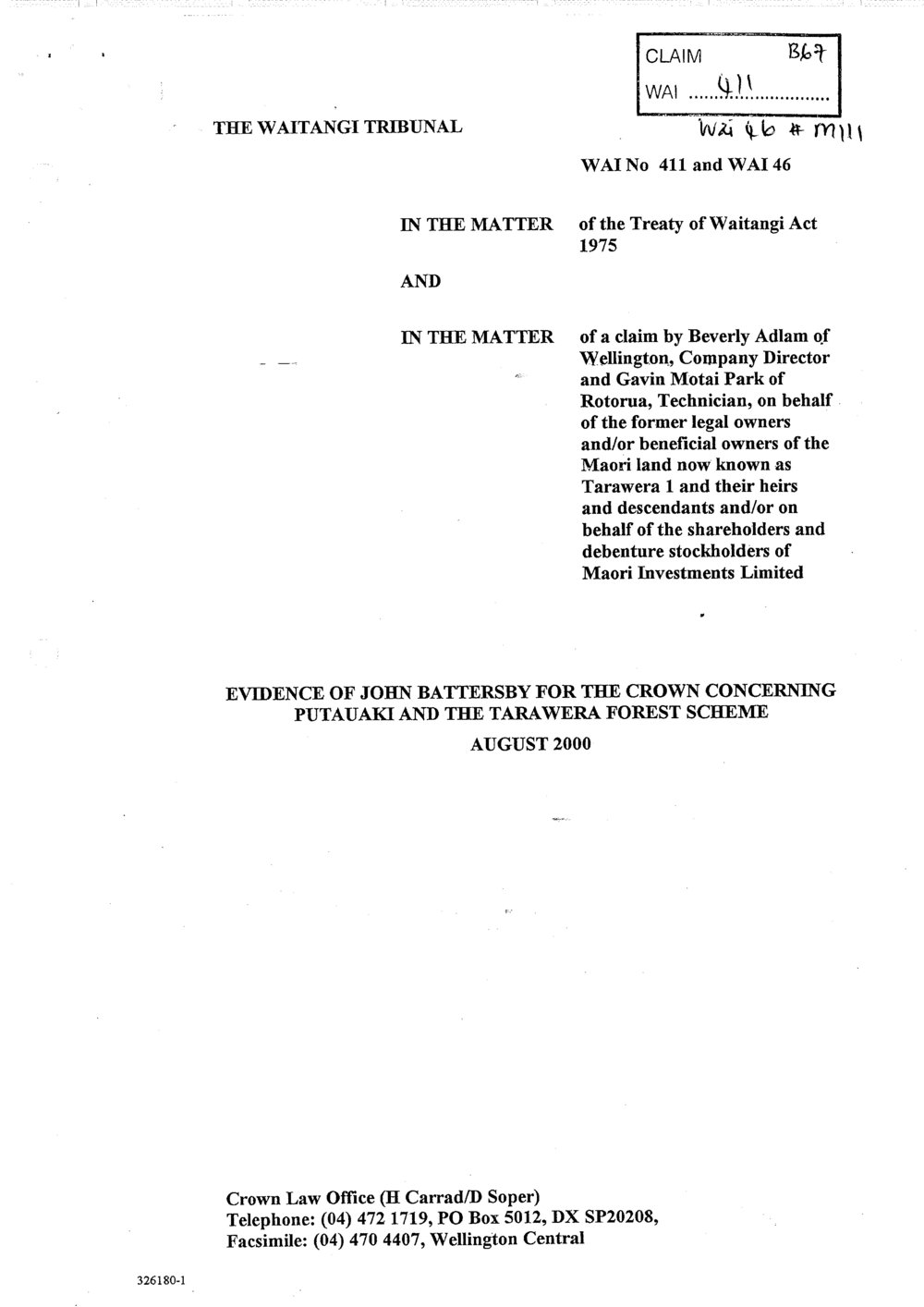 Wai 46_INQ_M111_Evidence of John Battersby for The Crown Cornerning Putauaki &amp; Tarawera Forest - August 2000