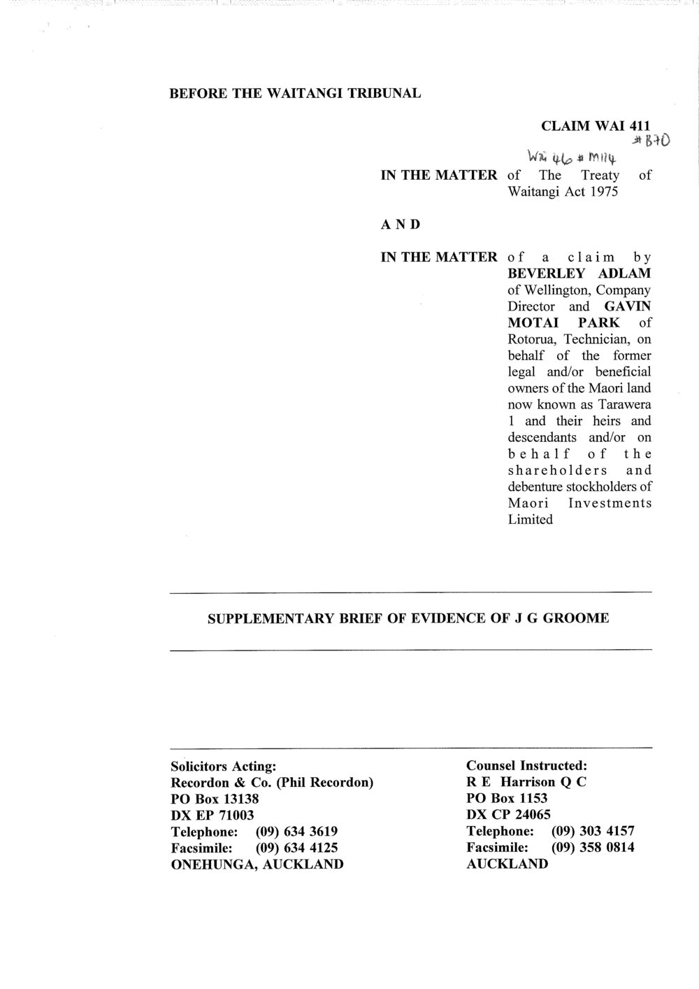 Wai 46_INQ_M114_Supplementary Brief of Evidence of J G Groome