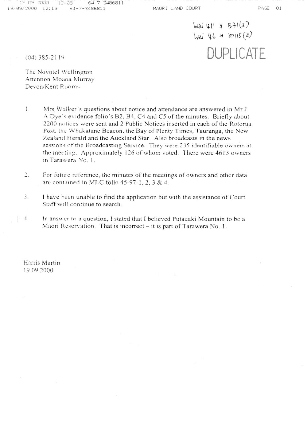 Wai 46_INQ_M115 (a)_Letter RE Tarawera Forest - Harris Martin - 19.09.2000