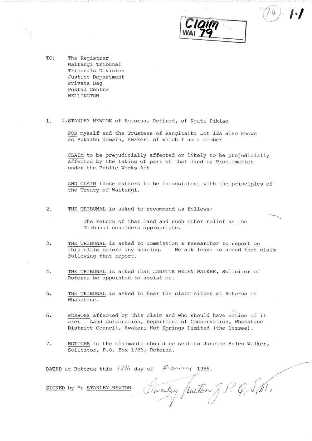 Wai 46_INQ_1.4_ Letter Stanley Newton RE Putaahu Domain