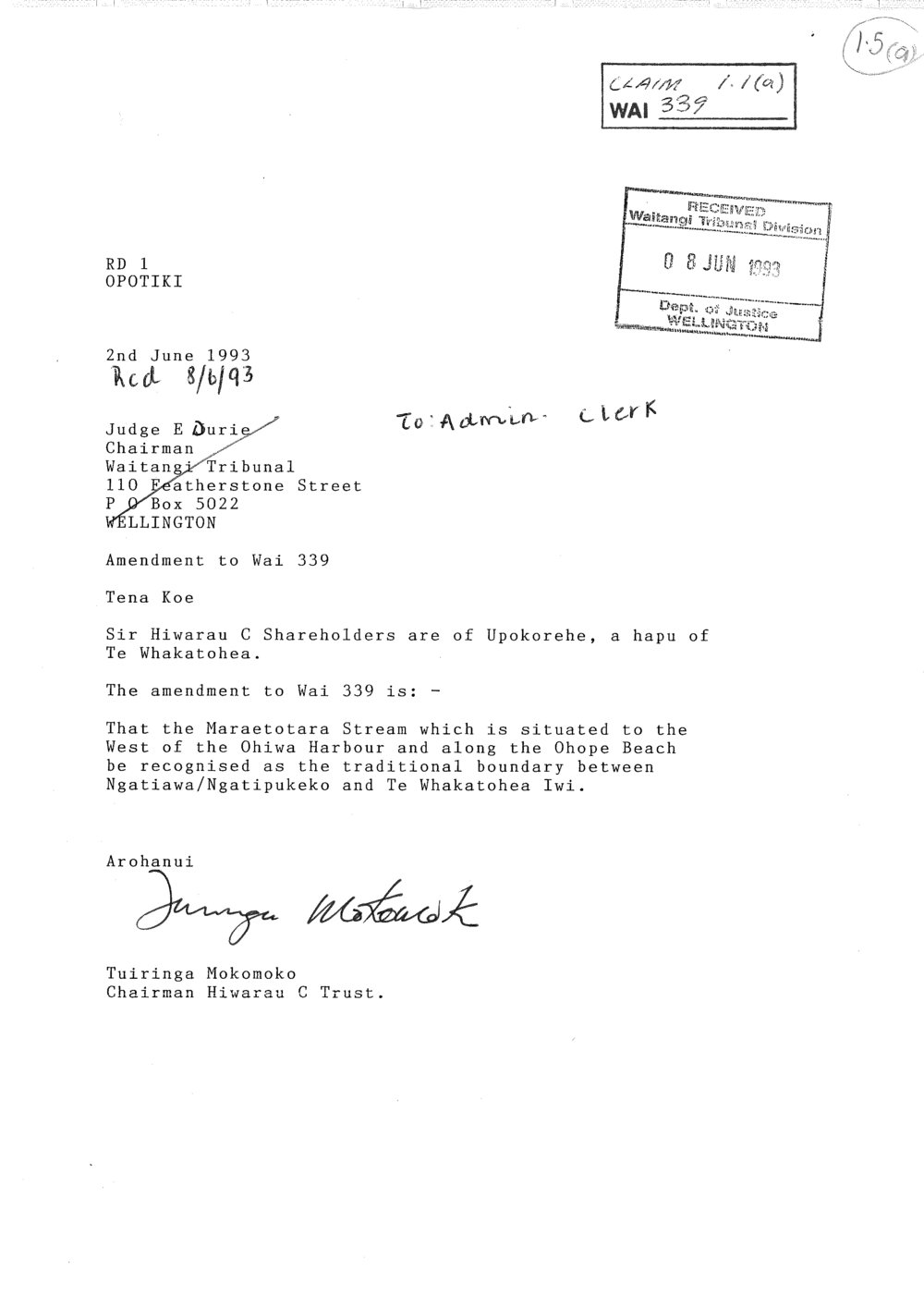 Wai 46_INQ_1.5 (a)_Letter RE Traditional Boundary NgatiAwa, Te Whakatohea, NgatiPukeko