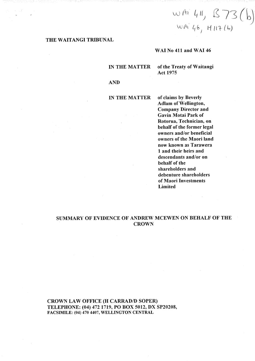 Wai 46_INQ_M117 (b)_Summary of Evidence of Andrew MCEWEN on behalf of The Crown
