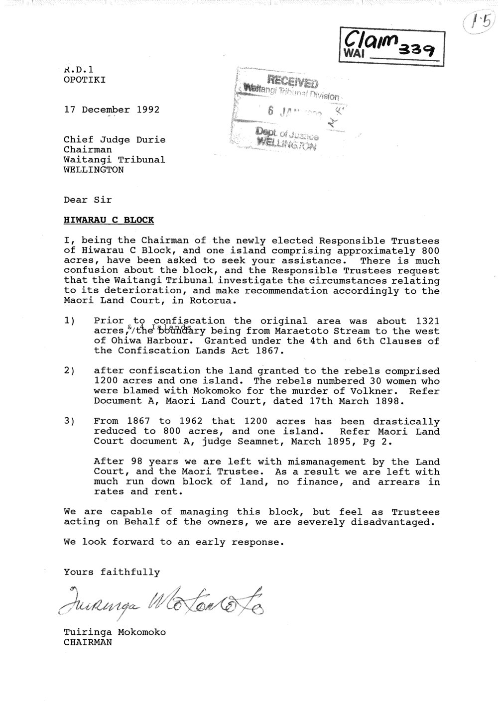 Wai 46_INQ_1.5_Letter by Tuiringa Mokomoko RE Hiwarau C Block