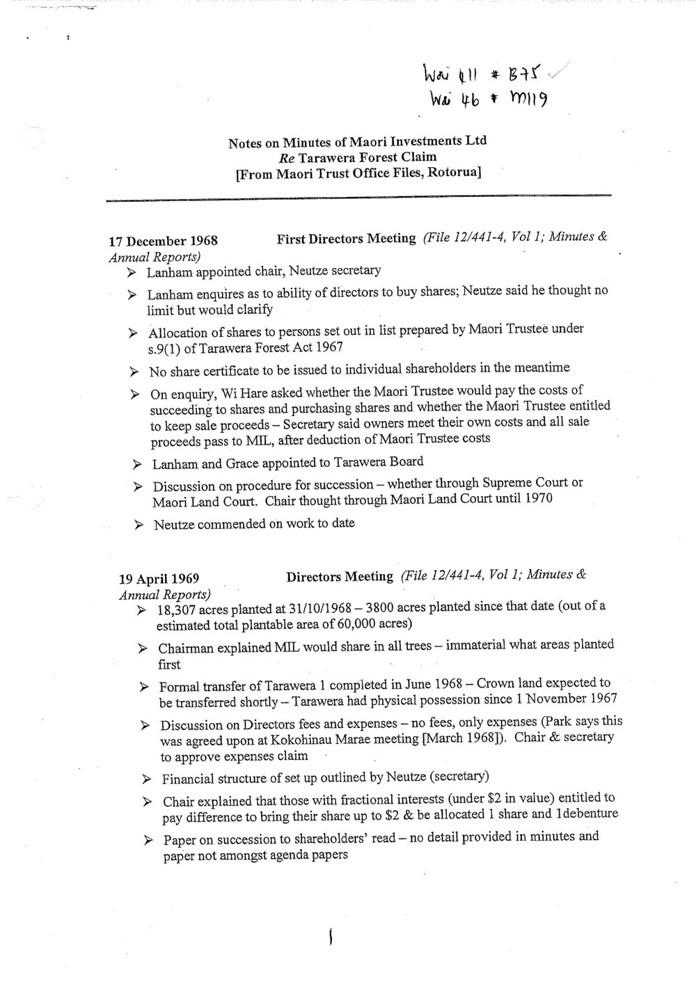 Wai 46_INQ_M119_Notes on Minutes of Maori Investments Ltd RE Tarawera Forest Claim