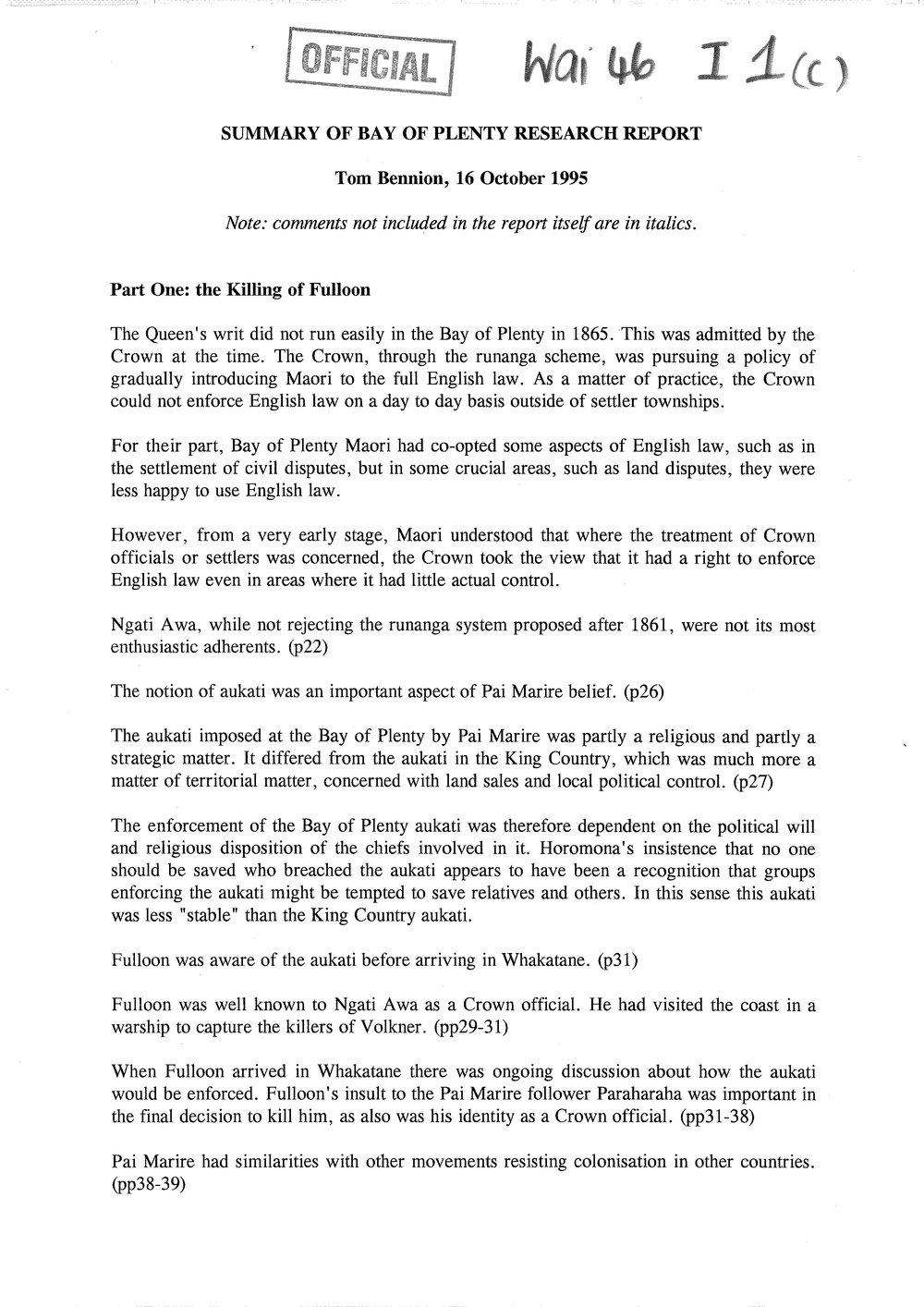 Wai 46_INQ_I001 (c)_Research Report RE The Killing of Fulloon - 16 October 1995