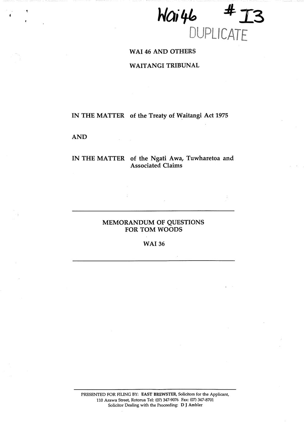 Wai 46_INQ_I003_Memo of Questions for Tom Woods