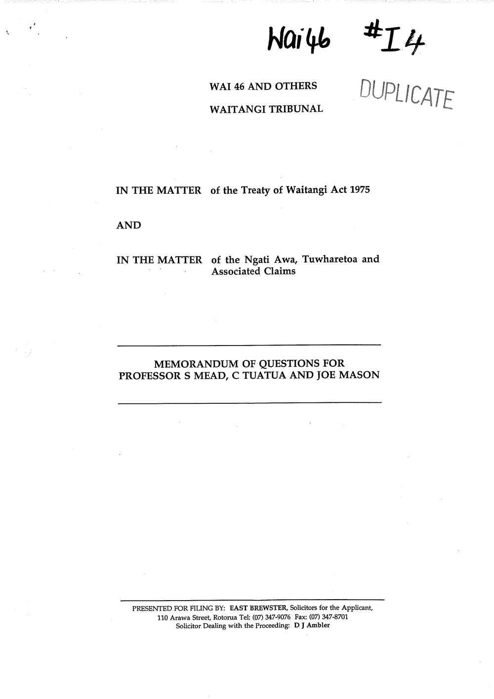 Wai 46_INQ_I004_Memo of Questions for S Nead, C Tutua and Joe Mason - 29 Septemeber 1995