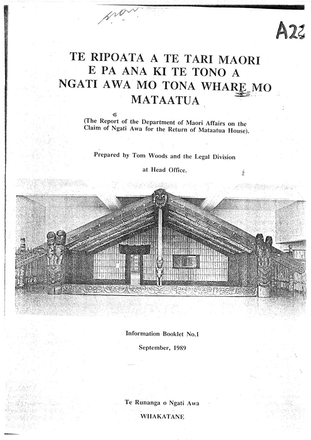 Wai 46_INQ_A022_Information Booklet N.1 - Mataatua Whare - 1989