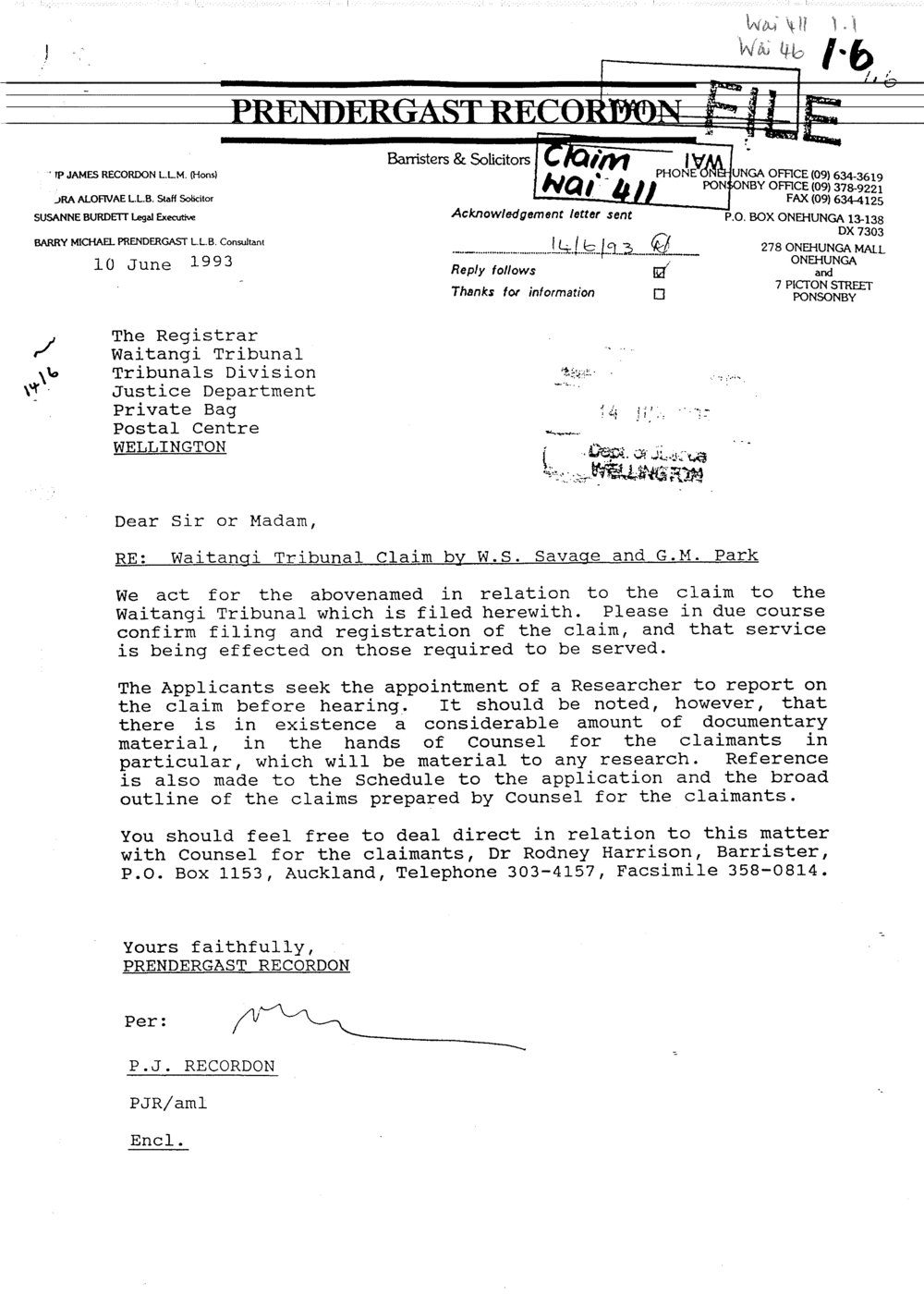 Wai 46_INQ_1.6_Letter from W.Savage &amp; G.Park - Tarawera 1 Claim