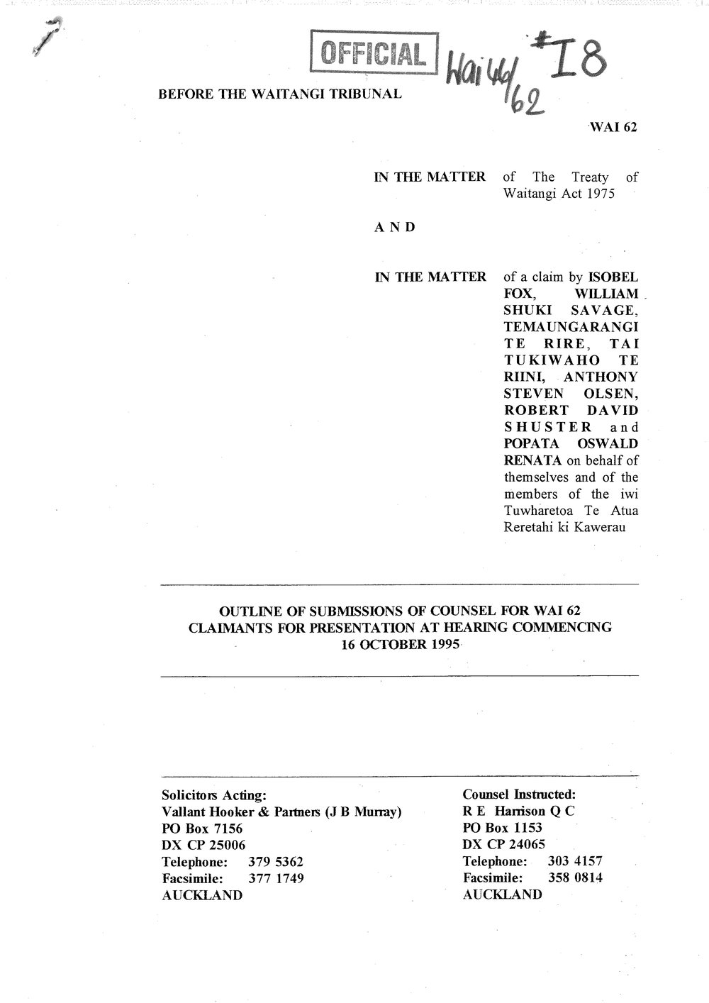 Wai 46_INQ_I008_Outline of Submissions of Counsel for Wai 46 - Claimants for Presentation at hearing - 16 October 1995