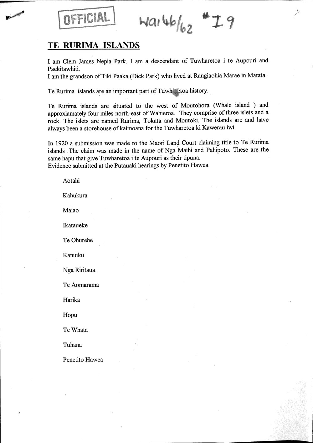 Wai 46_INQ_I009_Korero on Rurima Island by Clem Park