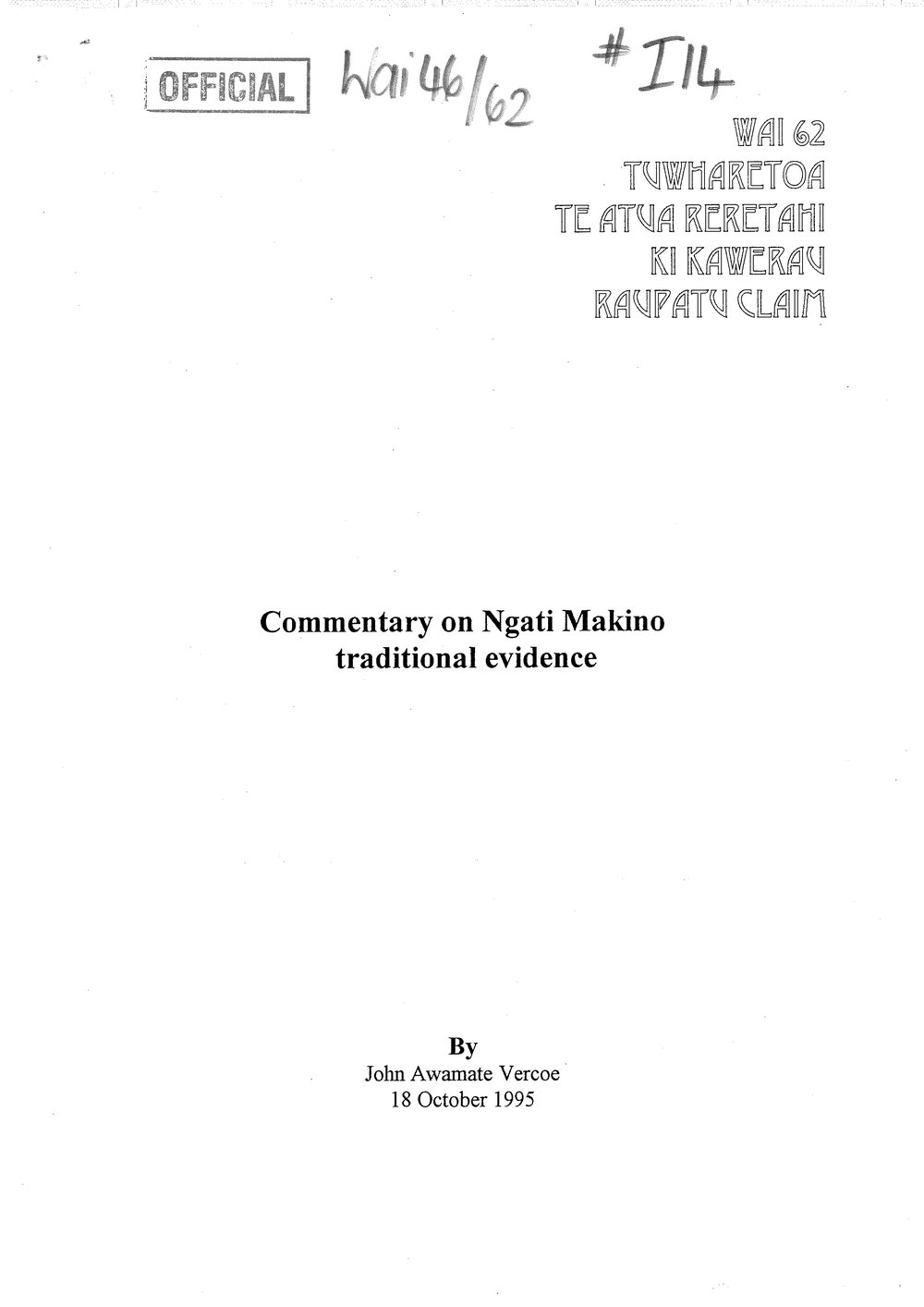 Wai 46_INQ_I014_Commentary on Ngati Makino traditional evidence - 18 October 1995