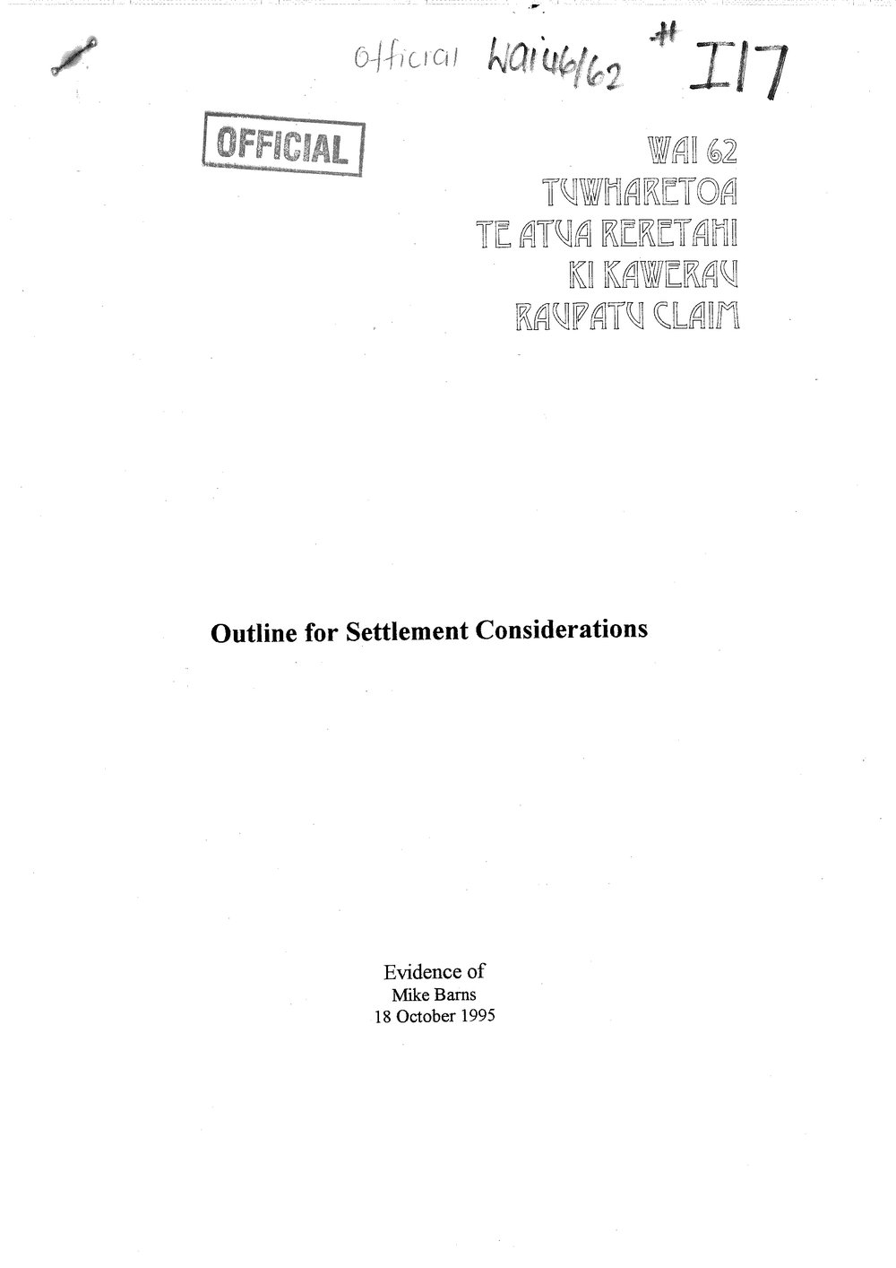 Wai 46_INQ_I017_Report RE Outline for Settlement Considerations - Tuwharetoa - 18 October 1995
