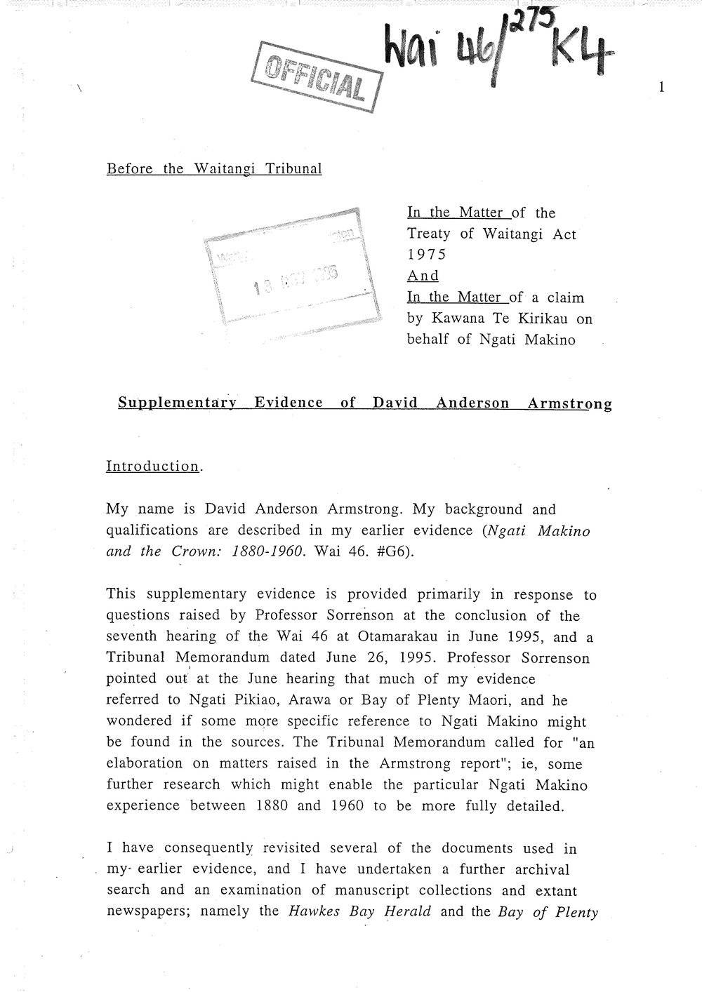 Wai 46_INQ_K004_Supplemetary Evidence of David Anderson Armstrong