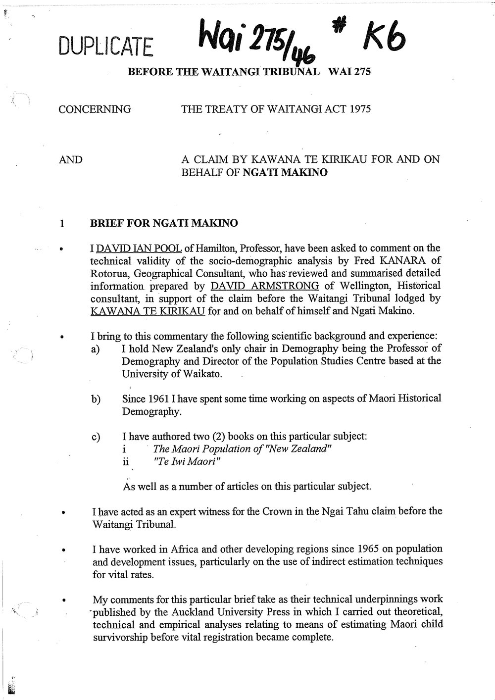 Wai 46_INQ_K006_Brief RE a claim by Kawana Te Kirikau for and behalf of Ngati Makino