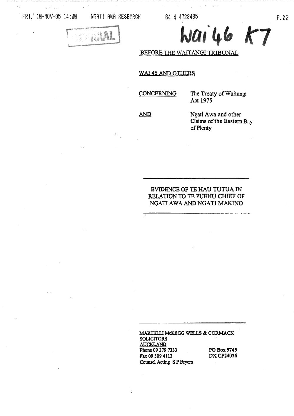 Wai 46_INQ_K007_Evidence of Te Hau Tutua in relation to Te Puehu Chief o Ngati Awa and Ngati Makino