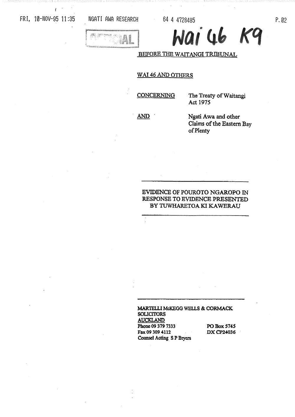 Wai 46_INQ_K009_Evidence of Pouroto Ngaropo in RE to evidence by Tuwharetoa ki Kawerau