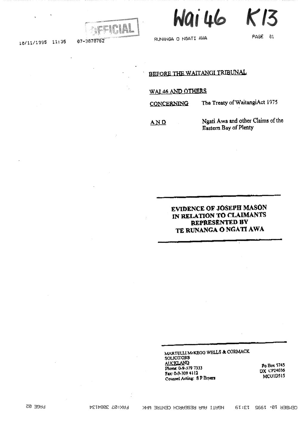 Wai 46_INQ_K013_Evidence of Joseph Mason RE to the claimants Represented by TRONA