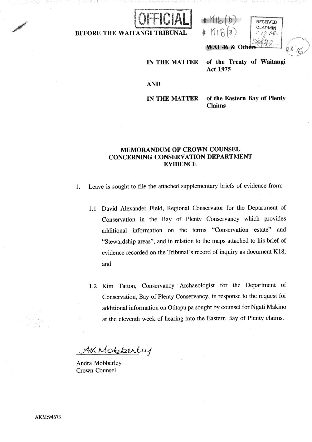 Wai 46_INQ_K016 (b)_Memo of Crown Counsel Concerning Conservation Department Evidence