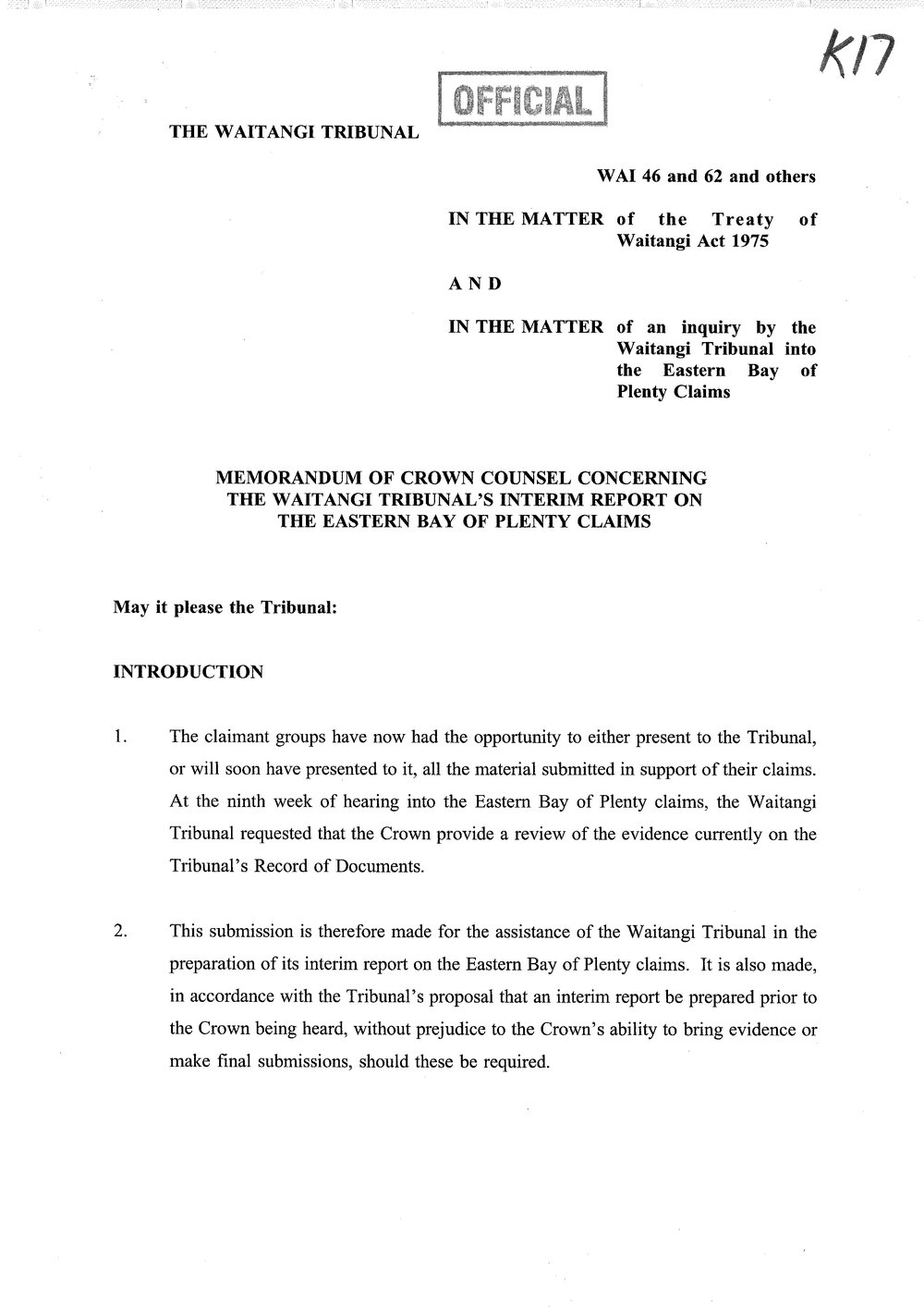 Wai 46_INQ_K017_Memo of Crown Counsel Concerning The Waitangi Tribunal interim REPORT on The EBOP Claims