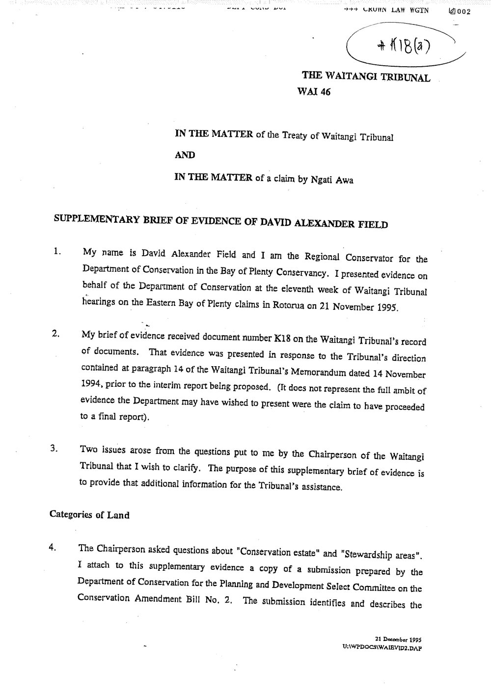 Wai 46_INQ_K018 (a)_Supplementary Brief of Evidence of David Alexander Field