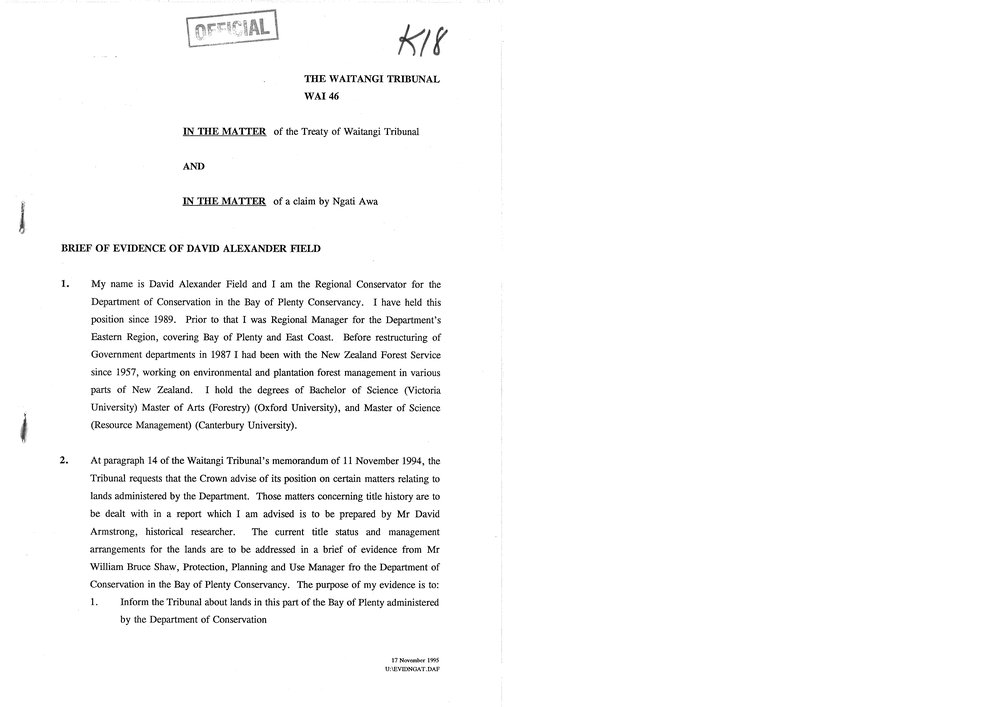 Wai 46_INQ_K018_Brief of Evidence of David Alexander Field