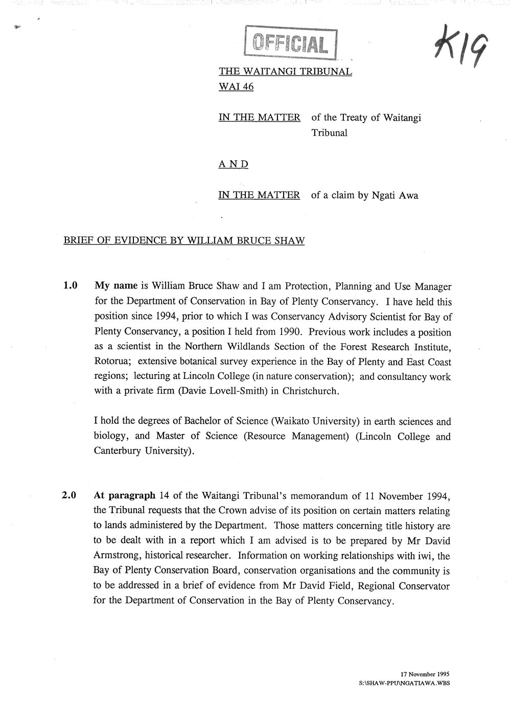 Wai 46_INQ_K019_Brief of Evidence by William Bruce Shaw