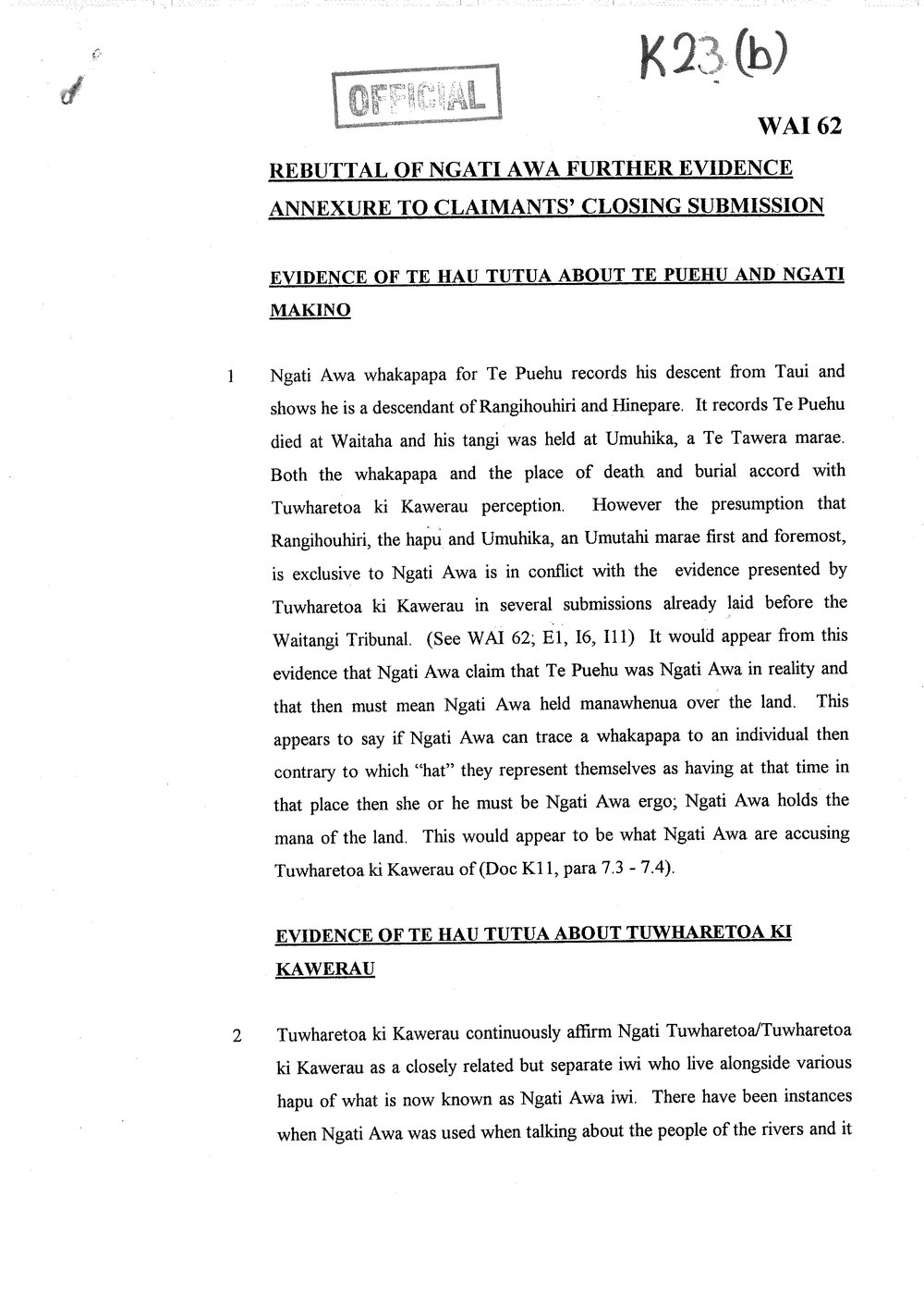 Wai 46_INQ_K023 (b)_Evidence of Te Hau Tutua RE Te Puehu and Ngati Makino