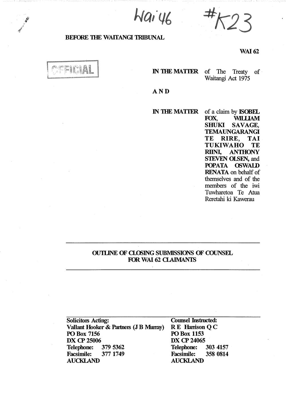 Wai 46_INQ_K023_Outline of Closing Submissions of Counsel for Wai 62 Claimants