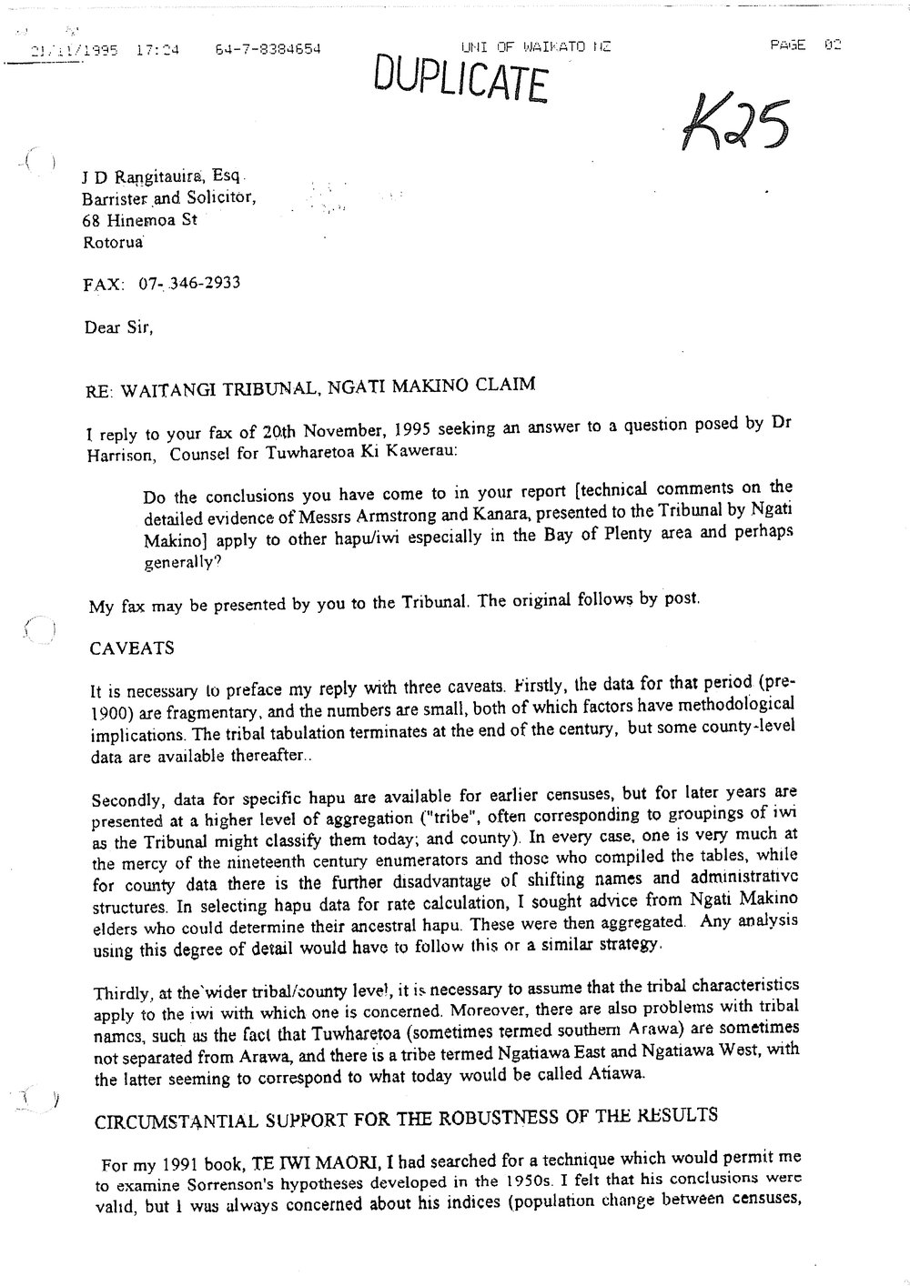Wai 46_INQ_K025_Letter RE Waitangi Tribunal, Ngati Makino Claim - 31 November 1995