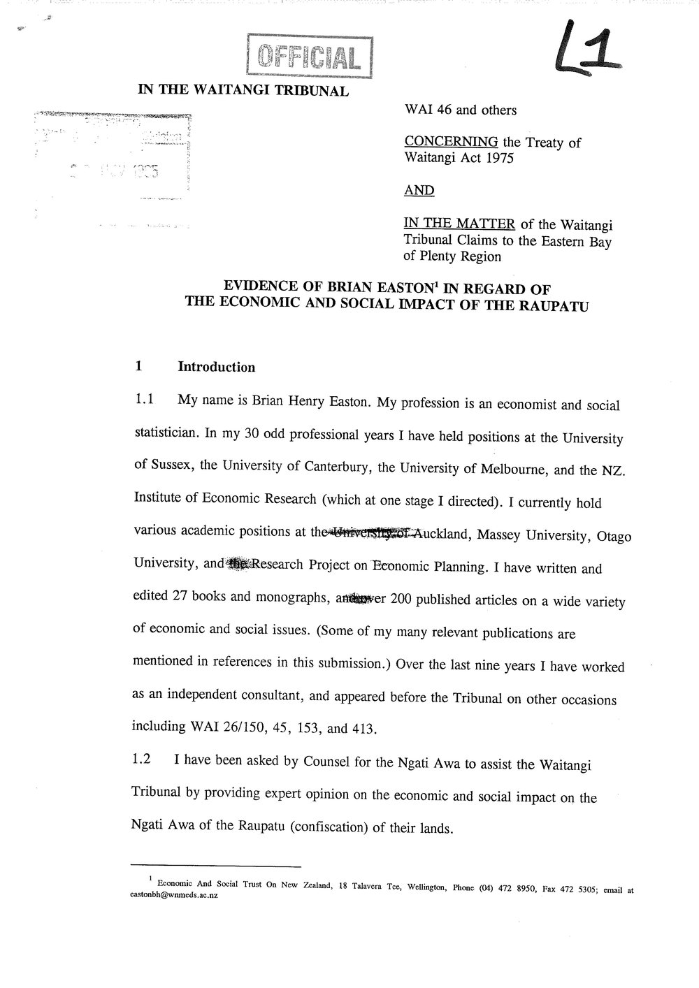 Wai 46_INQ_L001_Evidence of Brian Easton in Regard of The Economic and Social Impact of The Raupatu
