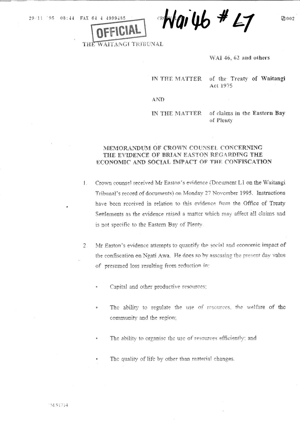 Wai 46_INQ_L007_Memo of Crown Counsel Concerning The Evidence of Brian Easton
