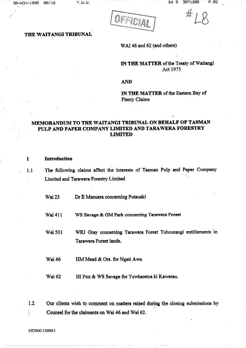 Wai 46_INQ_L008_Memo to the Waitangi Tribunal onbehalf of Tasman &amp; Tarawera Forestru LTD RE EBOP Claims