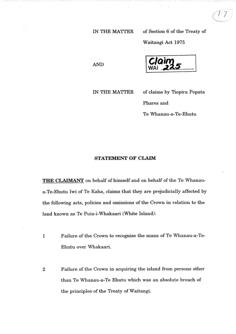 Wai 46_INQ_1.7_Te Whanau a Te Ehutu - Whakaari Claims