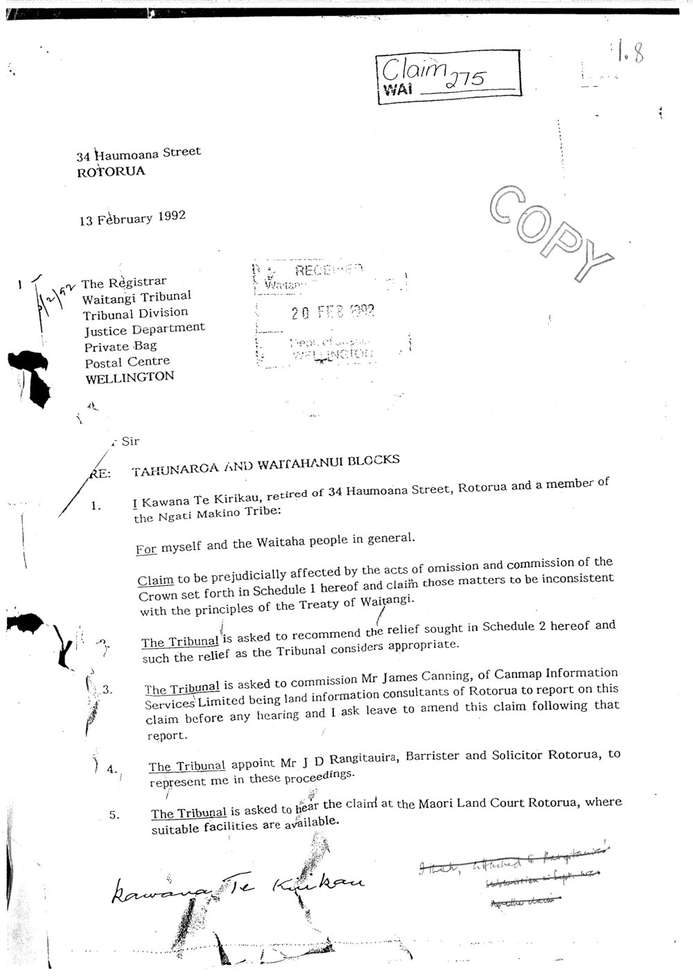 Wai 46_INQ_1.8_Letter RE Tahunaroa &amp; Waitahanui Blocks