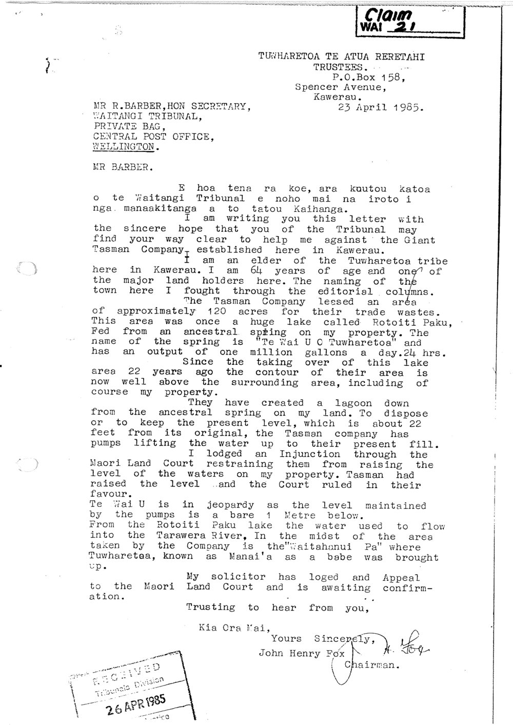 Wai 46_INQ_1.9_Letter RE Tasman Lease Ngati Tuwharetoa