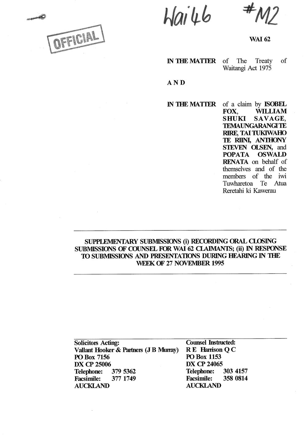 Wai 46_INQ_M002_Supplementary Submissions RE Tuwharetoa Te Atua Reretahi