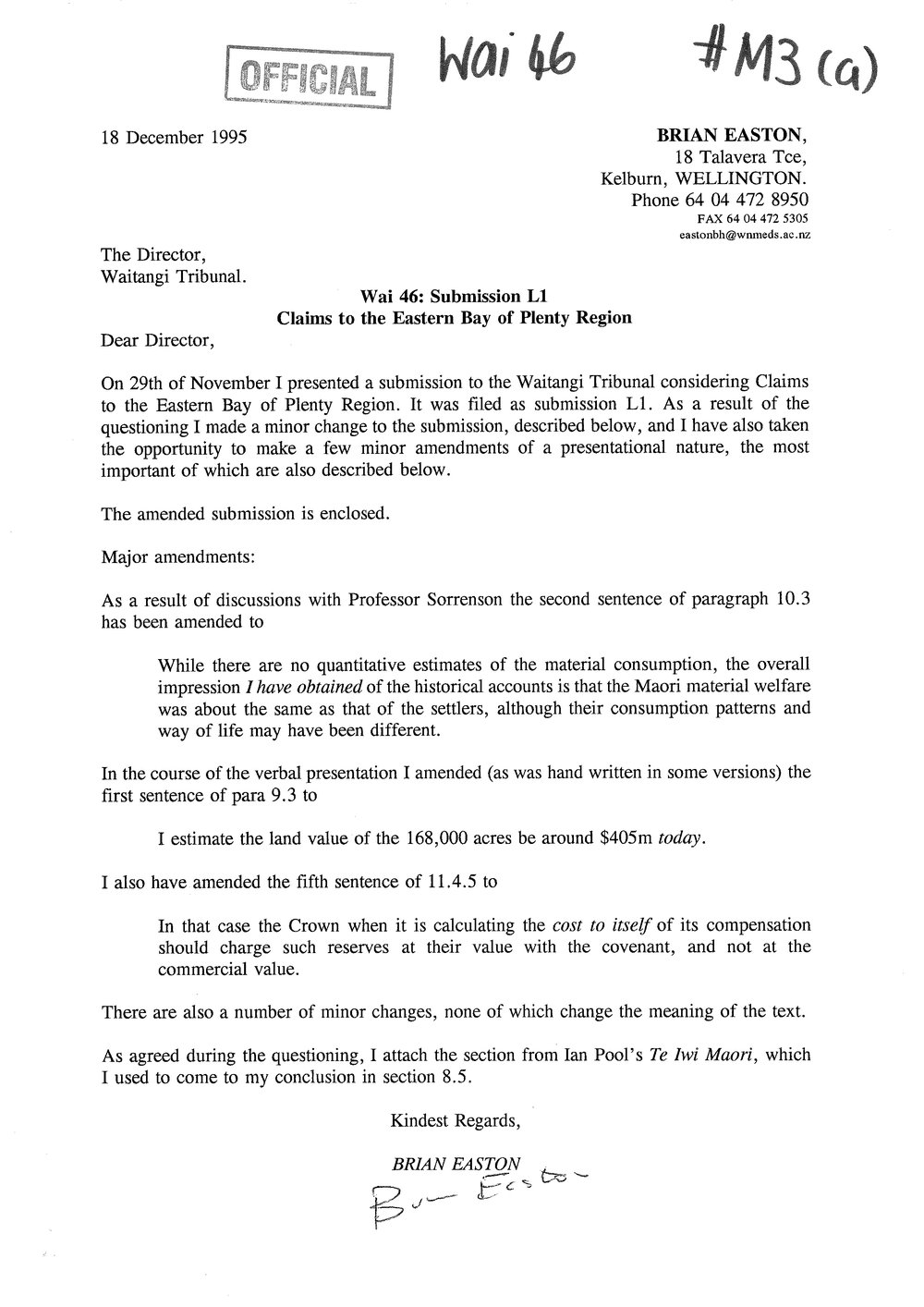 Wai 46_INQ_M003 (a)_Letter RE Wai 46 Submission L1 - Minor ammendments 0 18 December 1995