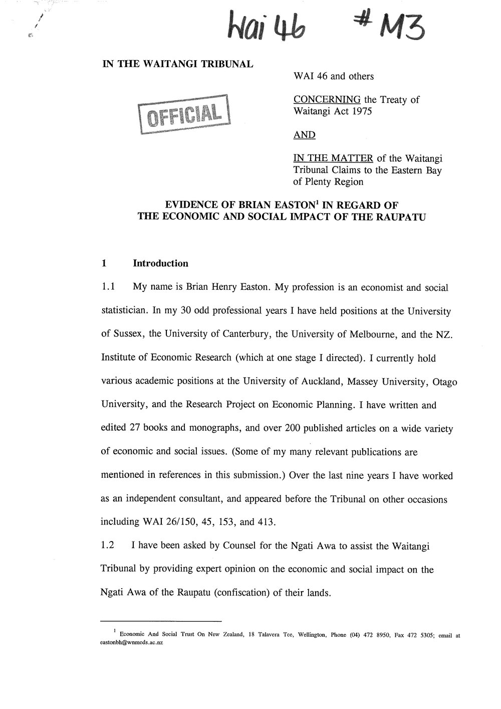 Wai 46_INQ_M003_Evidence of Brian Easton RE The Economic and Social Impact of Raupatu