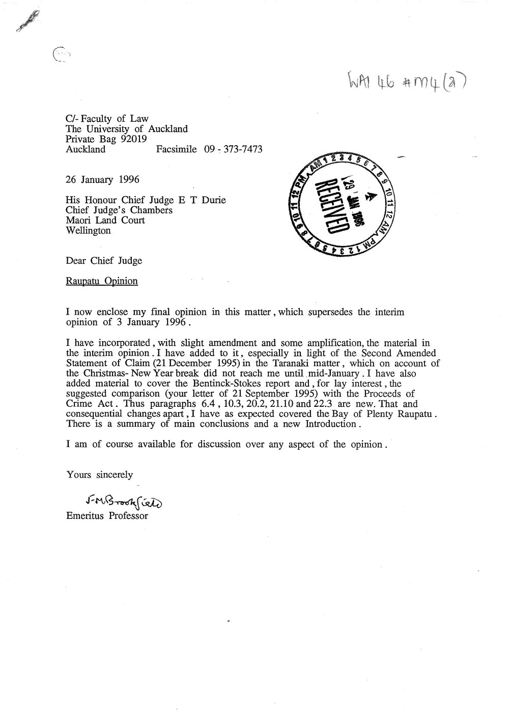 Wai 46_INQ_M004 (a)_Letter RE Raupatu Opinion - 26 January 1996