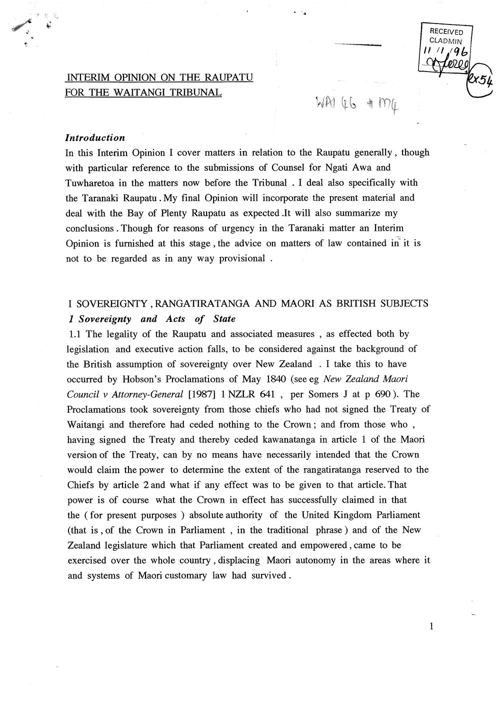 Wai 46_INQ_M004_Interim Opinion on The Raupatu for The Waitangi Tribunal