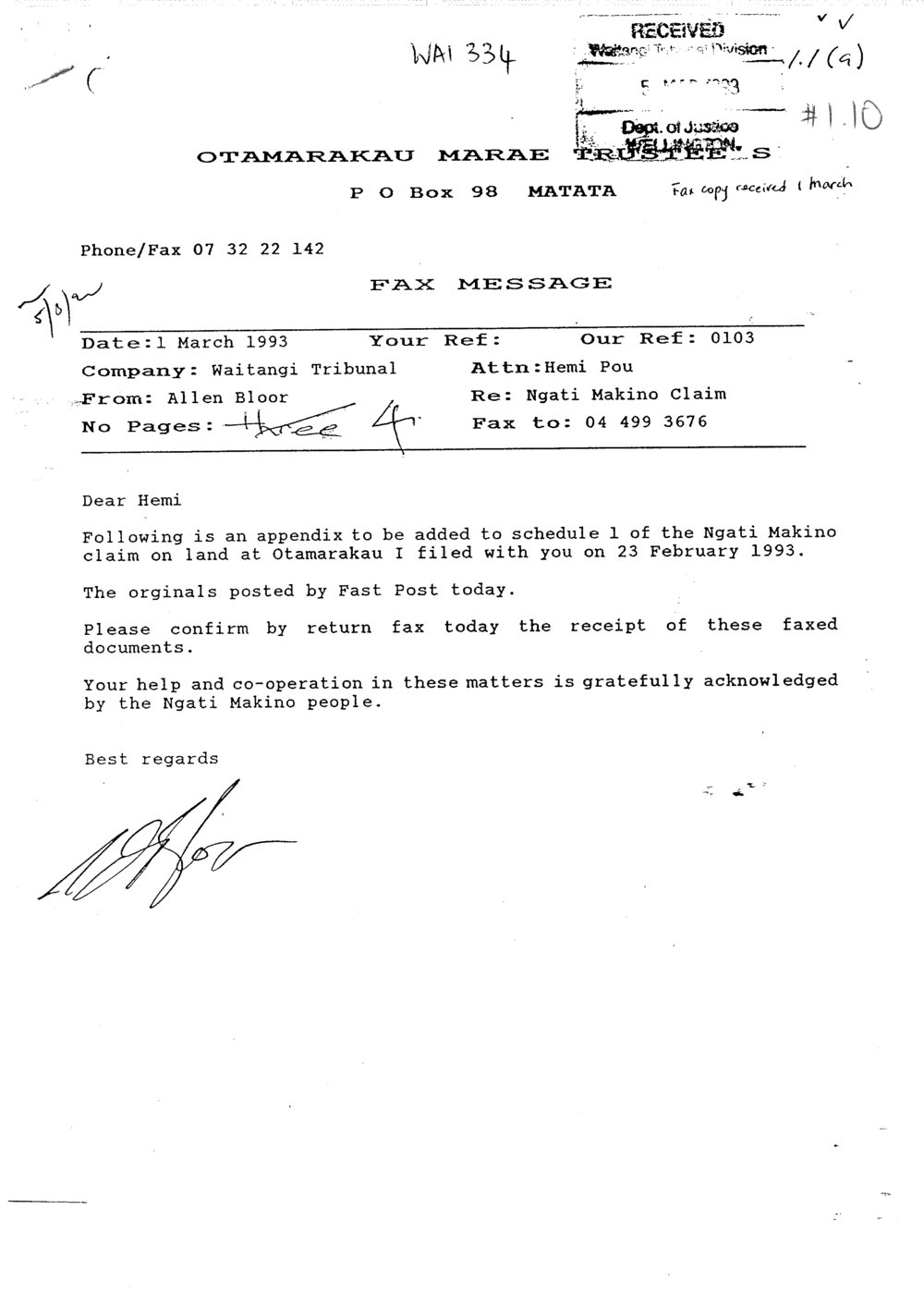 Wai 46_INQ_1.10_Letter to Otamarakau Marae RE Ngati Makino Claims