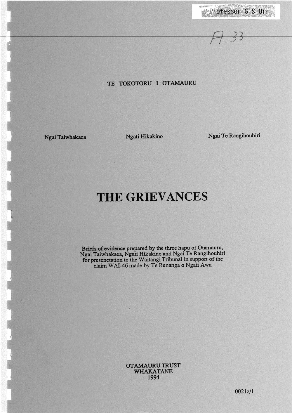 Wai 46_INQ_A033_The Grievances Briefs of Evidence by Te Tokotoru i Otamauru