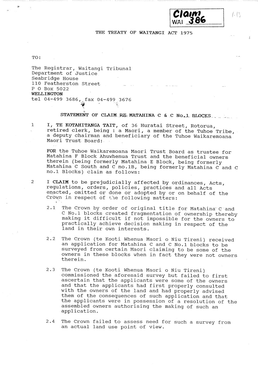 Wai 46_INQ_1.13_Letter to Registrar Matahina C&amp;C1