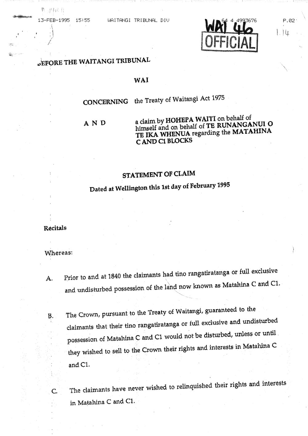 Wai 46_INQ_1.14_Te Runanganui o Te Ikawhenua Matahina C &amp; C1 Claims