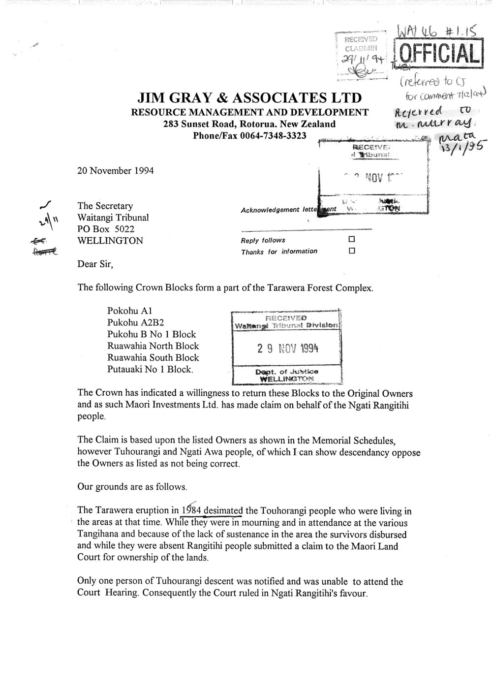 Wai 46_INQ_1.15_Letter Tarawera Forest Complex Claims