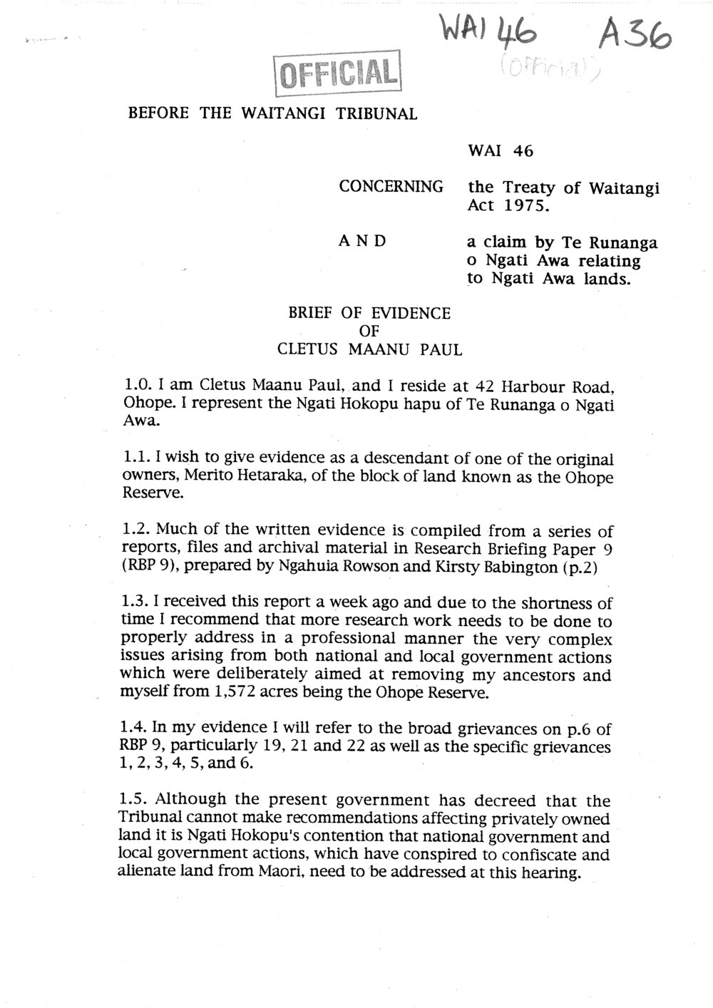 Wai 46_INQ_A036_Brief of Evidence of Cletus Maanu Paul