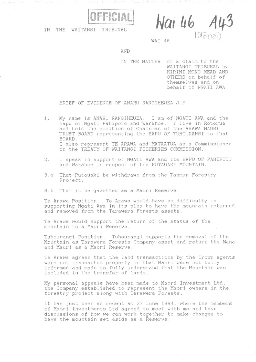 Wai 46_INQ_A043_Brief Evidence of Anaru Rangiheuea